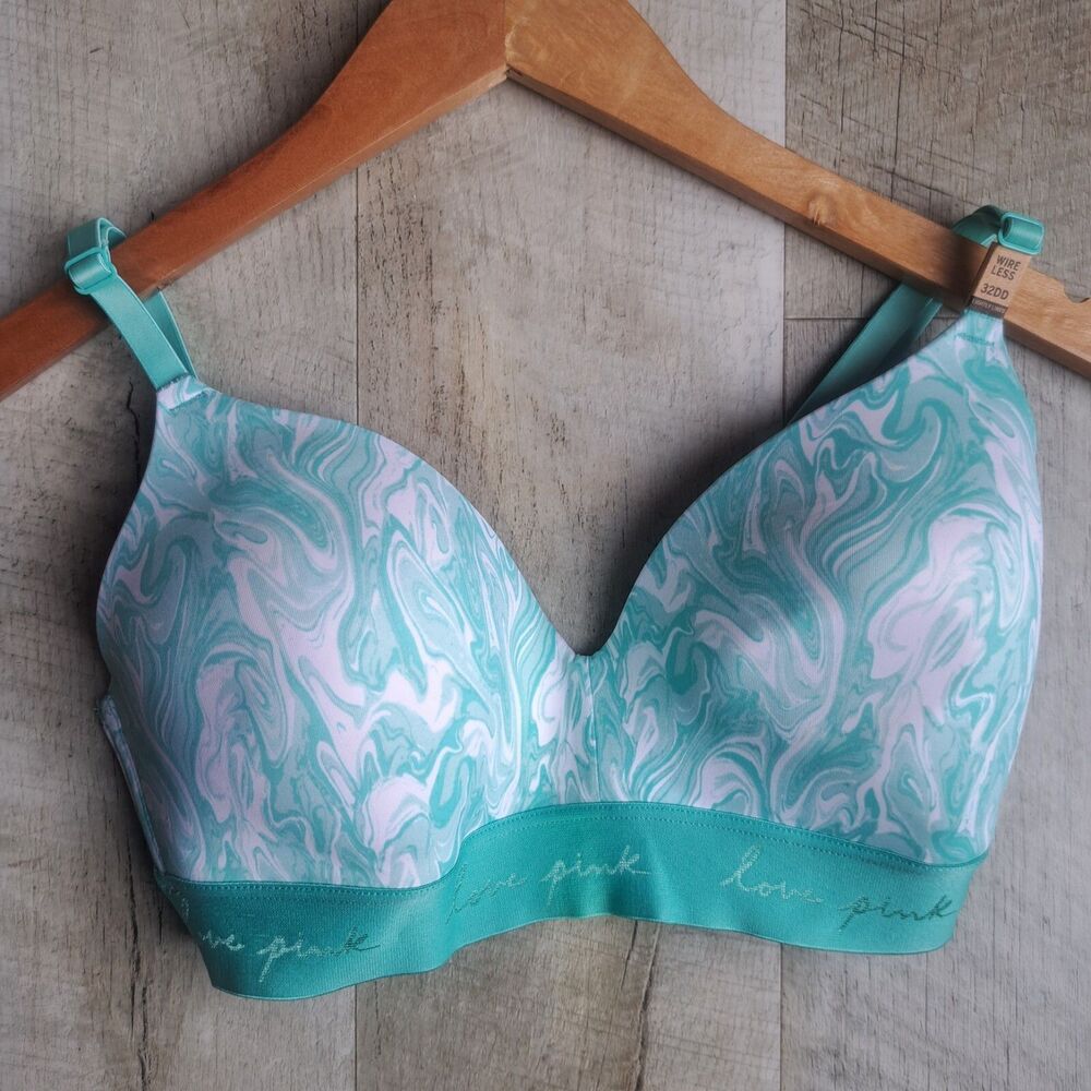 Victoria's Secret Pink Wear Everywhere Wireless Lightly Lined Green Swirl 32DD